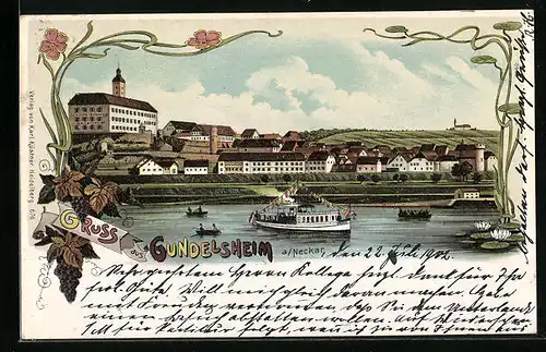 Lithographie Gundelsheim a. Neckar, Uferpartie mit Boot