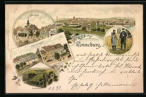 Lithographie Ronneburg, Alter Schlosshof, Rathaus, Gessenthal
