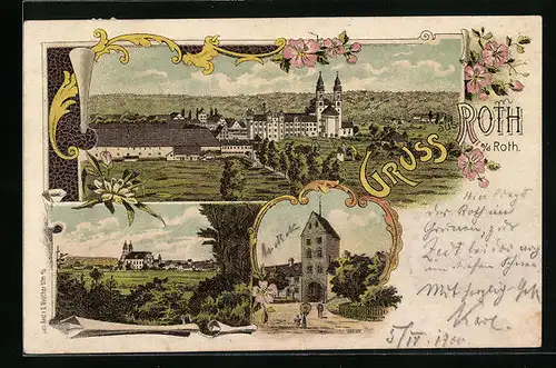 Lithographie Roth a. d. Roth, Teilansicht mit Kirche, Tor, Ortspartie