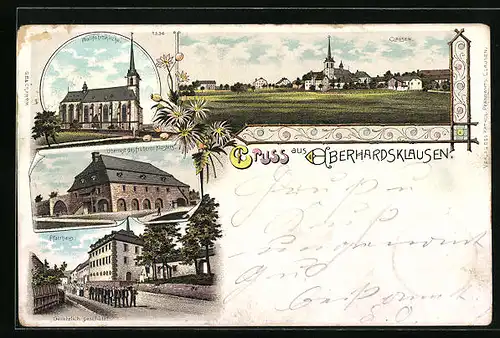 Lithographie Eberhardsklausen, Überrest des früheren Klosters, Wallfahrtskirche, Pfarrhaus