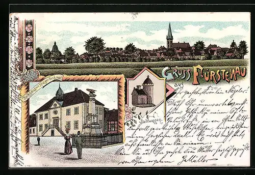 Lithographie Fürstenau, Teilansicht, Rathaus mit Kriegerdenkmal, Stadtwappen