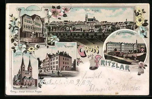 Lithographie Fritzlar, Kolonialwarengeschäft von Wilh. Thiel mit Rolandbrunnen, Ursulinerinnenkloster, Kaserne