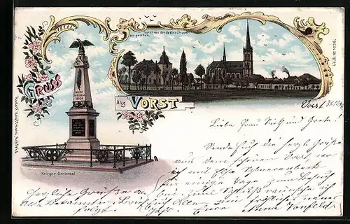 Lithographie Vorst, Teilansicht von der Oedter-Strasse aus gesehen, Krieger-Denkmal