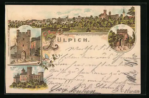 Lithographie Zülpich, Die Burg, Köln-Tor, Münster-Tor
