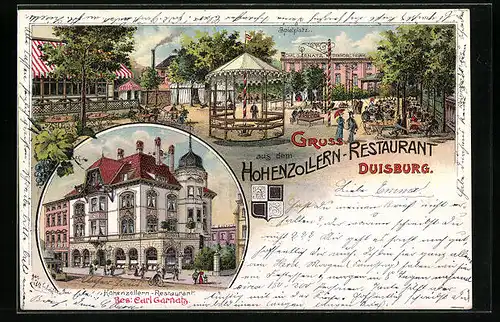 Lithographie Duisburg, Hohenzollern-Restaurant, Carl Garnatz Eisenmöbel-Fabrik mit Spielplatz