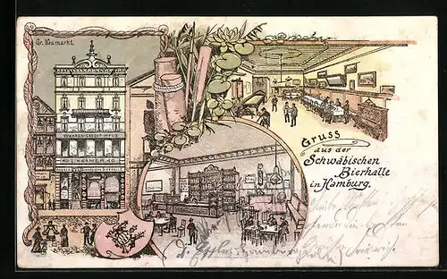 Lithographie Hamburg, Gasthaus Schwäbische Bierhalle am Gr. Neumarkt