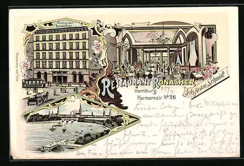 Lithographie Hamburg, Restaurant Ronacher in der Hermannstrasse (Gebäude, Saal), Alsterpartie