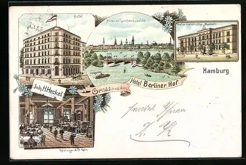 Lithographie Hamburg, Hotel Berliner Hof, Alster mit Lombardsbrücke, Naturhistorisches Museum
