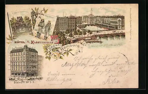 Lithographie Hamburg, Hotel Klosterthor (Gebäude) in der Steinstrasse, Kriegerdenkmal, Alsterarkaden