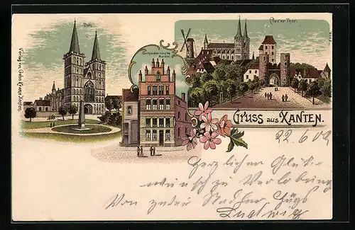 Lithographie Xanten, Dom, Gothisches Haus am Markte, Clever Thor