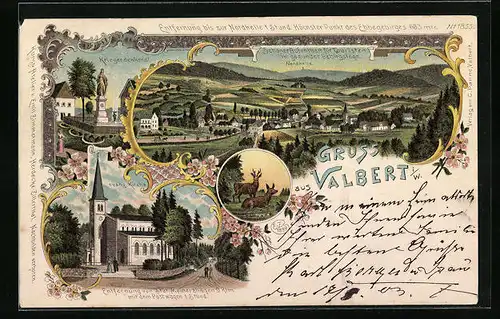 Lithographie Valbert i. W., Ortsansicht mit Umgebung, Kriegerdenkmal, Evangelische, Kirche