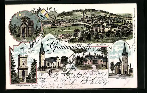 Lithographie Gummersbach, Totalansicht, Haldy-Tempel, Ev. und kath. Kirche, Lebrechtsruh