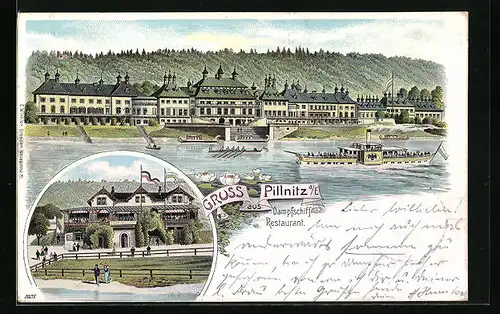 Lithographie Dresden-Pillnitz, Dampfschiff-Restaurant, Ortsansicht mit Dampfer