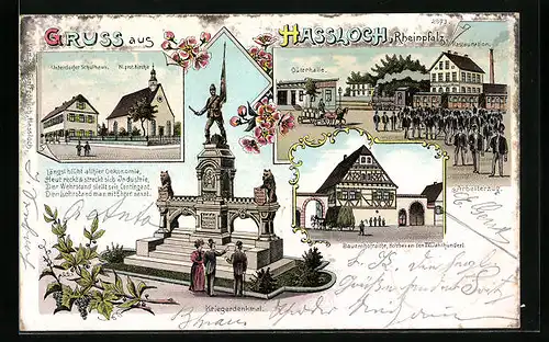Lithographie Hassloch /Rheinpf., Arbeiterzug mit Güterhalle und Restauration, Unterdorfer Schulhaus, Bauernhofraithe