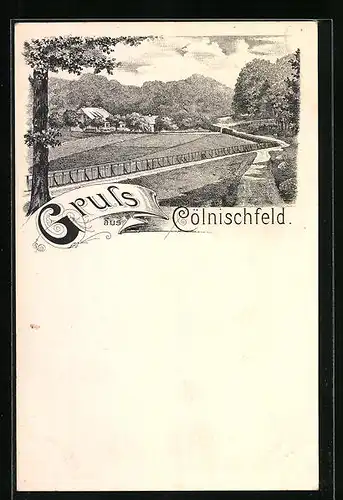 Lithographie Köllnischfeld, Partie mit altem Gehöft