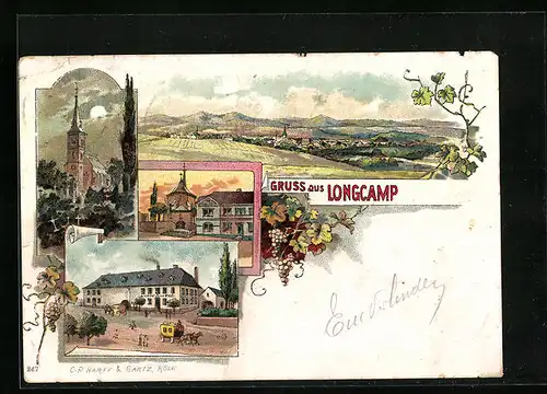 Lithographie Longcamp, Ortsansicht, Kirche, Gasthaus zur Post mit Postkutsche