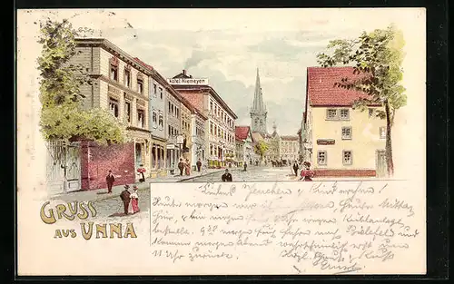 Lithographie Unna, Ortspartie mit Hotel Niemeyer und Blick auf Kirche