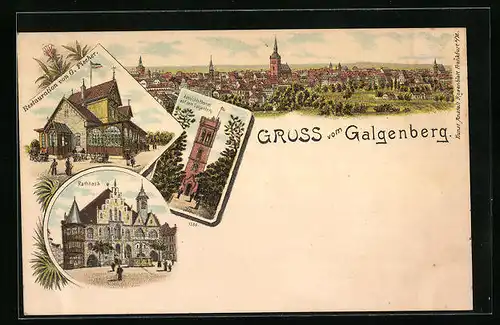 Lithographie Hildesheim, Rathaus und Gasthaus von G. Fischer