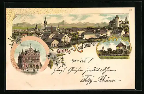 Lithographie Kaufbeuren, Ortsansicht mit Rathaus und Hexen-Thurm