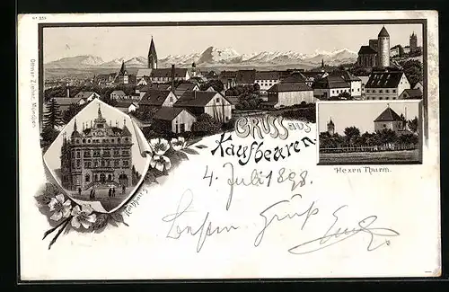 Lithographie Kaufbeuren, Ortsansicht mit Hexen Thurm