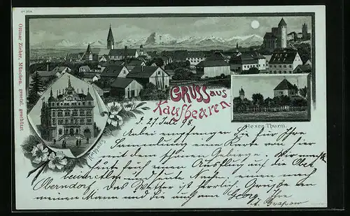 Mondschein-Lithographie Kaufbeuren, Totalansicht mit Rathaus und Hexen-Thurm