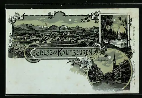 Mondschein-Lithographie Kaufbeuren, Totalansicht mit Marktplatz