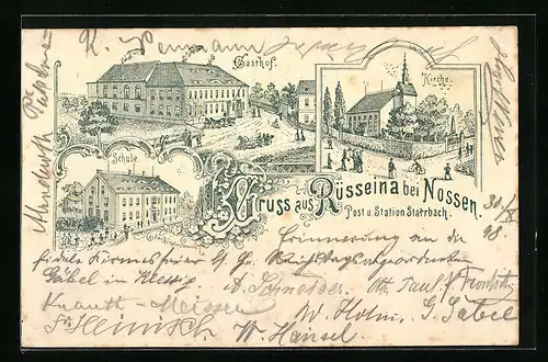 Lithographie Rüsseina b. Nossen, Gasthof, Kirche, Schule
