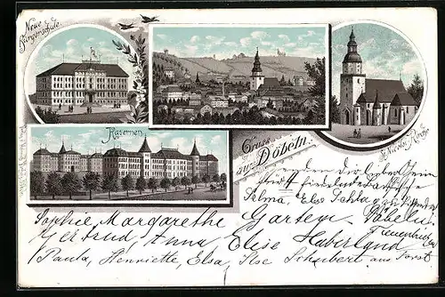 Lithographie Döbeln, Kasernen, St. Nicolai-Kirche