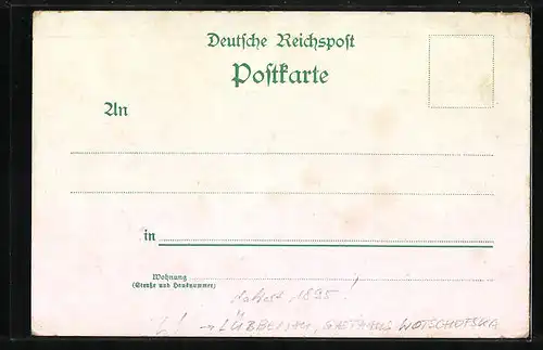 Lithographie Lübbenau, Gasthaus Wotschofska, datiert 1895