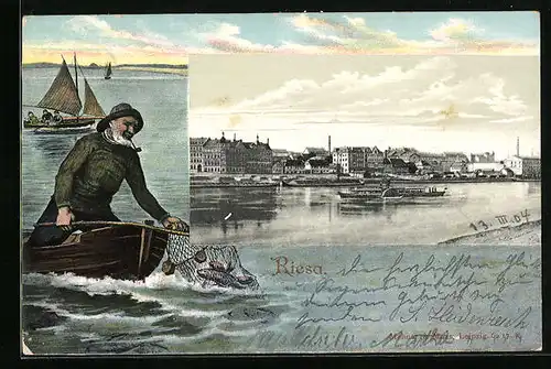 AK Riesa, Ortsansicht mit Fischer