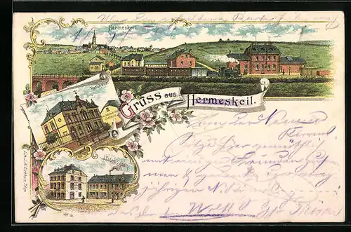 Lithographie Hermeskeil, Totalansicht mit Rathaus