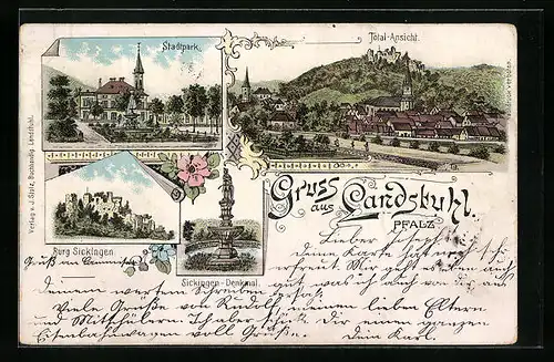 Lithographie Landstuhl, Stadtpark mit Burg Sickingen