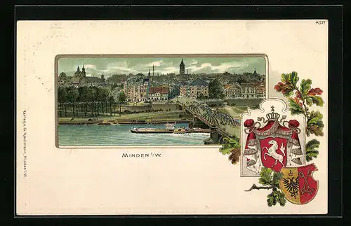 Passepartout-Lithographie Minden i. W., Totalansicht mit Wappen