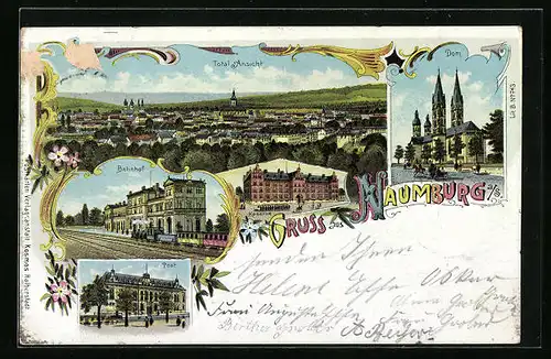 Lithographie Naumburg a. S., Totalansicht mit Dom und Bahnhof