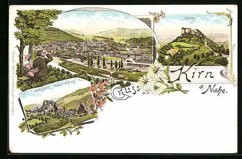 Lithographie Kirn a. Nahe, Ortsansicht mit Überrresten der Burg