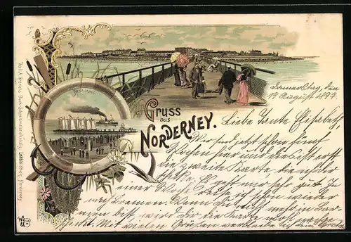 Lithographie Norderney, Blick von der Seebrücke zum Ort, Am Weststrand