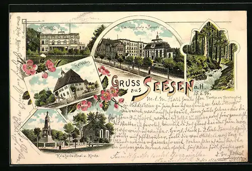 Lithographie Seesen a. H., Kurhotel, Jacobsonschule und Synagoge, Rathaus