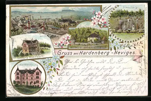 Lithographie Hardenberg-Neviges, Stiftung Wohlfahrt, Krankenhaus, Kreuzberg