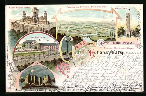 Lithographie Hohensyburg, Hotel Rich. Wulf, Ruine, Kaiser Wilhelm Denkmal, Vincke Thurm