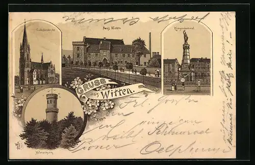 Lithographie Witten, Kriegerdenkmal, Gedächtniskirche, Helenenthurm