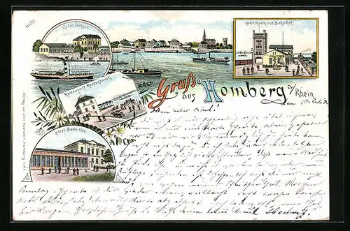 Lithographie Homberg a. Rhein, Restaurant Montenbruck, Hotel Belle-Vue, Hotel Gütges