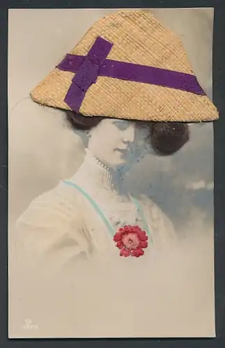 Echt-Haar-AK Elegante Dame mit Strohhut und braunem Haar