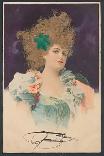 Echt-Haar-AK Schönheit mit Blume im zerzausten Blondhaar