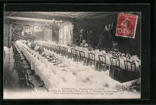 AK Soissons, Manoeuvres de 1906, L`Hotel du Lion Rouge, La Salle du Banquet