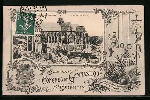 AK Saint-Quentin, Basilique vue du Beffroi, Souvenir du Congrès de Gymnastique 1910