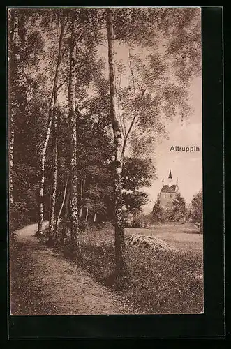 AK Altruppin, Blick vom Waldweg auf die Kirche