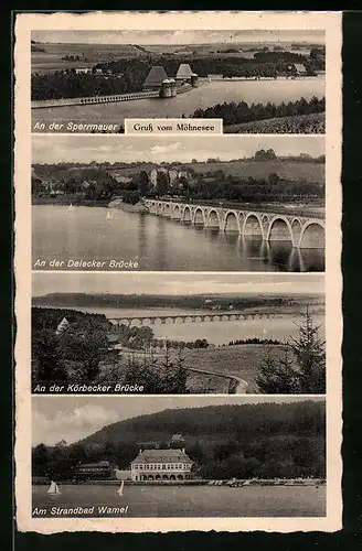 AK Körbecke, Möhnesee, Sperrmauer, Delecker Brücke, Strandbad Wamel