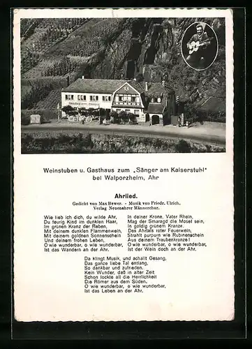 AK Walporzheim / Ahr, Gasthaus Sänger am Kaiserstuhl, Ahrlied in Textform