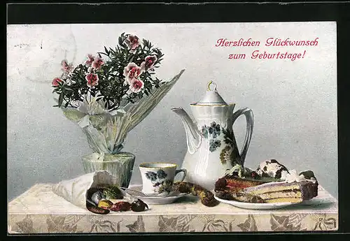 AK Teetisch mit Kuchen und Blumentopf, Geburtstagsgruss