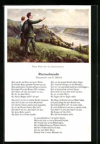 Künstler-AK St. Goarshausen, Burg Katz und Paar, Rheinsehnsucht, Dort wo der alte Rhein mit seinen Wellen..., Lied